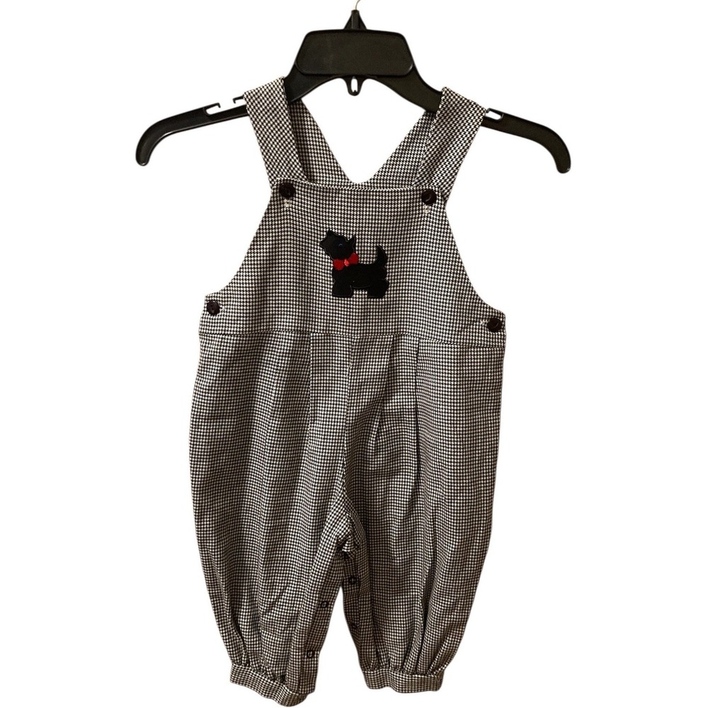 Vintage Kids Houndstooth Bibs Scottie Dog Jumpsuit Romper 24m Black White